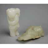 Two Chinese figural carvings, white and celadon jade, each modelled as a boy holding a lotus branch,