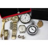 A selection of jewellery and watches, to include; brooches, a silver bangle, further bangles,