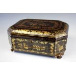 A 19th century Cantonese lacquered papier mache work box, of octagonal form,