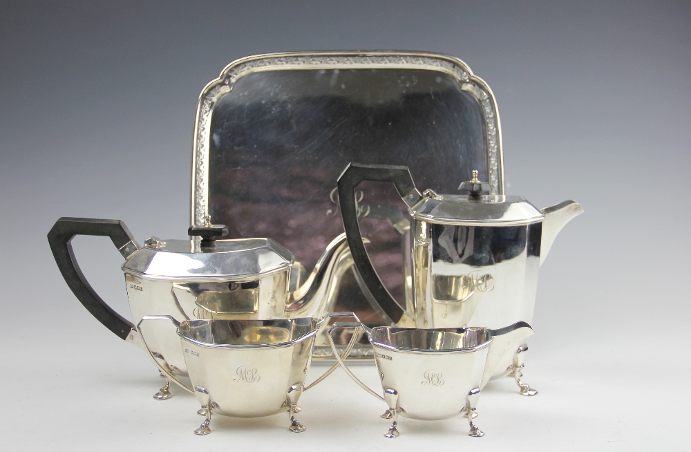 A George V Art Deco silver assembled four piece tea service, George Wish, Sheffield circa 1930,