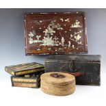 A collection of artistry and sewing items, with a Ceylonese quill work box,