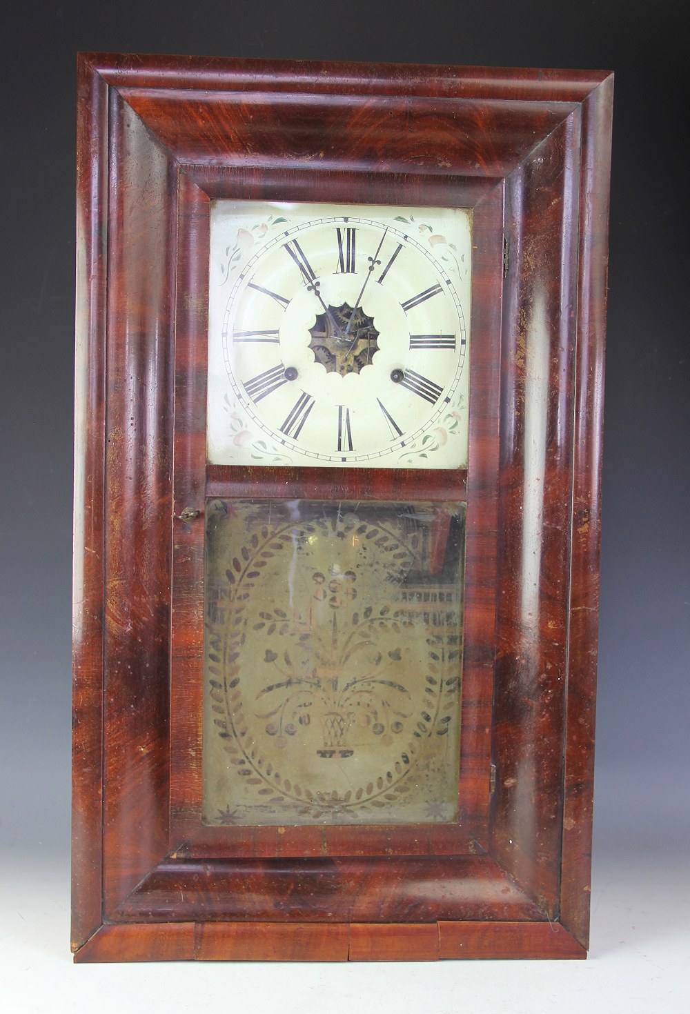 An American walnut wall clock, Roman numeral dial with paper label for E. - Bild 3 aus 3