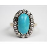 A turquoise and diamond oval cluster ring, 19th century,