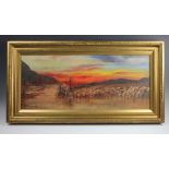 Manner of Robert Hatton Monks, Oil on canvas, Sheep in a highland landscape at sunset,