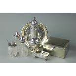 A selection of silver and silver plated items comprising; a silver circular tray, Marples & Beasley,