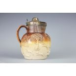 An early 19th century silver mounted Mortlake type salt glazed stoneware harvest jug,