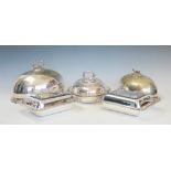 A selection of silver plated items to include, a pair of tureens and covers, with gadrooned rims,