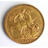 A Victorian gold sovereign dated 1889,