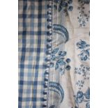 Three pairs of lined and interlined blue and cream curtains,