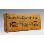 An Edwardian folk art golden oak collection box, titled 'Benevolent Fund',