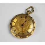 A ladies 18ct gold cased key wind fob watch, with black Roman numerals and central garland design,