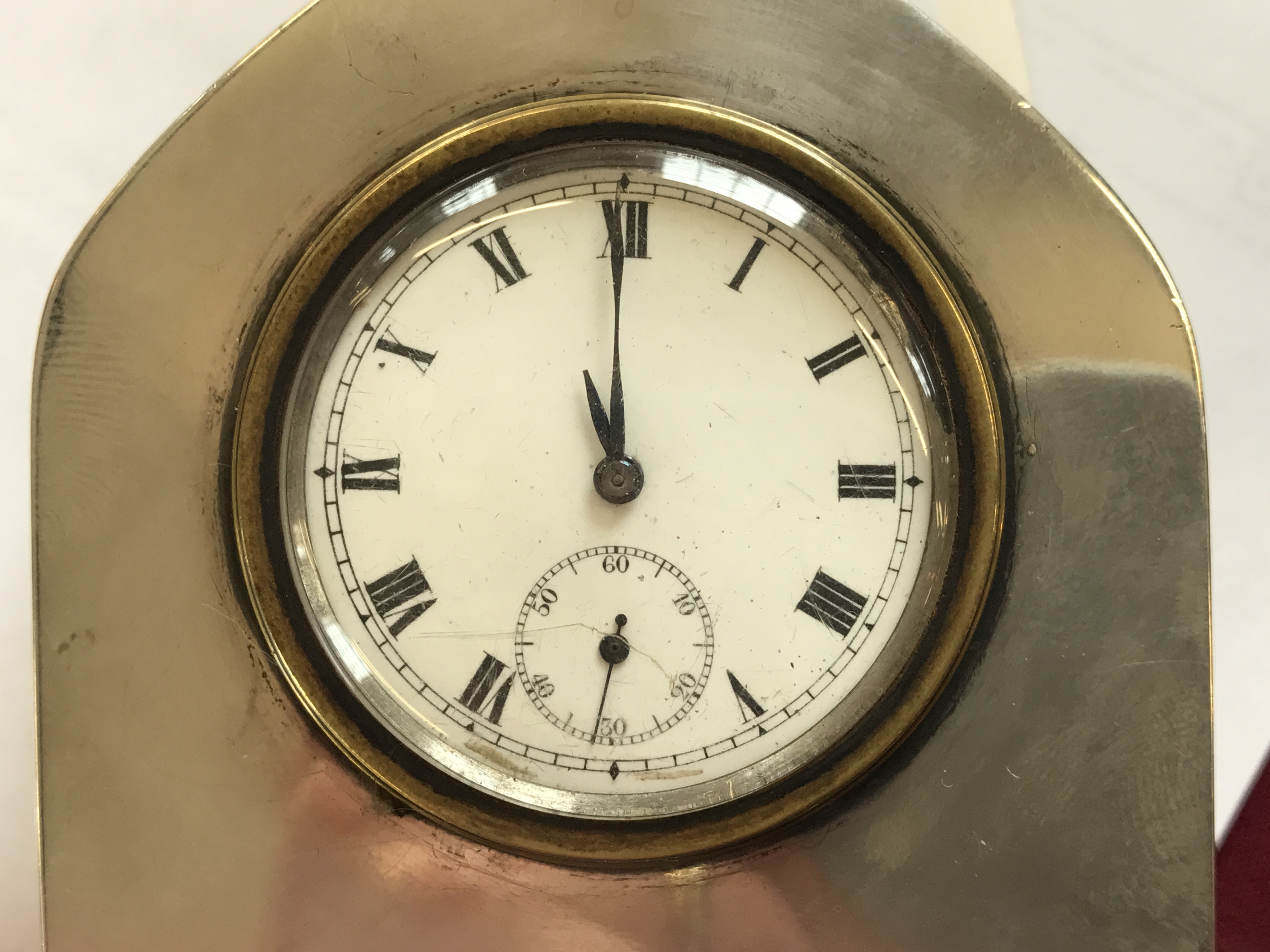 A George V silver cased lancet shaped bedside timepiece, Charles S Green & Co Ltd, Birmingham 1919, - Image 10 of 10