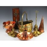 A 19th century copper ale warmer, 32cm, with a pair of brass chamber sticks,