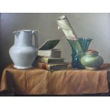 Nadine Lundahl (Finnish b 1958), Oil on panel, Still life of a jug, books,