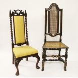 A 17th century style oak chair, with caned back and seat, with a Victorian carved walnut chair,