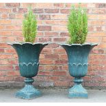 A pair of green painted cast iron garden urns, with flared and shaped rims,