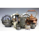A collection of silver plated, pewter and copper wares,