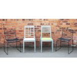 A pair of black painted metal dining or garden chairs, with a pair of blue painted ash side chairs,