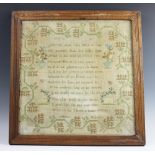 A Victorian needlework sampler, by Maria Rhodes and dated September 12th 1837, 44cm x 34cm,