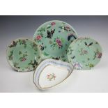 Three Chinese porcelain Cantonese celadon plates, each piece decorated with fauna and flora,