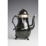 A large 18th century silver mounted Jackfield type blackware coffee pot and cover,