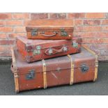 A bentwood bound and canvas lined travelling trunk, 91cm,