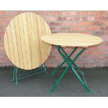 Two metal and pine folding circular garden tables,