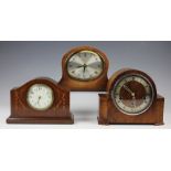 An Edwardian inlaid mahogany eight day mantel time piece,