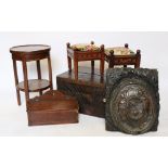 A pair of Edwardian walnut foot stools, 23cm H, with an inlaid mahogany circular occasional table,