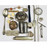 A collection of jewellery and silver, to include; a French paste set brooch, a long boat brooch,