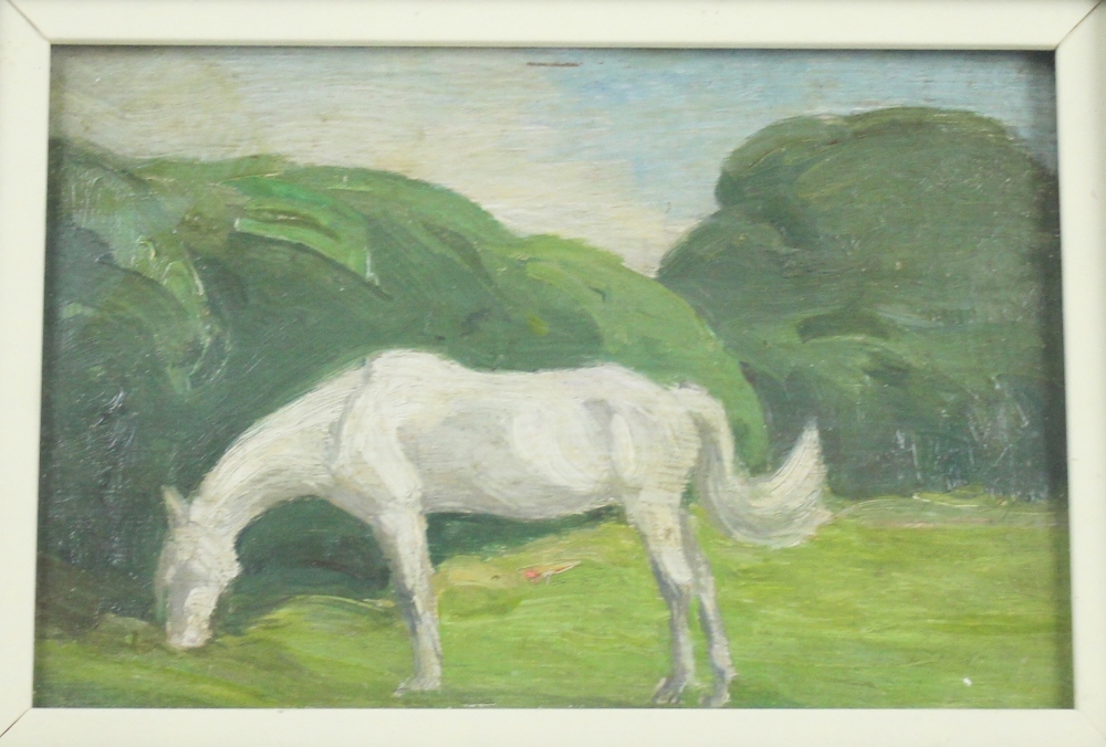 Muriel Elise Crooke (1901-1989), White horse in a meadow, Oil on board, Studio stamp to back,