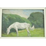 Muriel Elise Crooke (1901-1989), White horse in a meadow, Oil on board, Studio stamp to back,