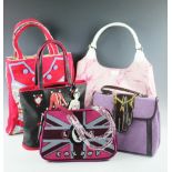 Five Lulu Guinness handbags comprising; a corduroy and leather satchel, a botanical printed tote,