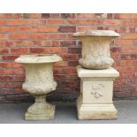 A late 19th century Scottish terracotta garden urn on stand with plinth in the manner of J & M