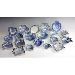 A selection of 18th century and later English blue and white leaf moulded pickle dishes,