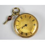 An 18ct gold fob watch, with matted and engraved Roman numeral dial and movement engraved 'C.