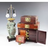 A selection of oriental wares to include a Chinese archaic bronzed lamp base,