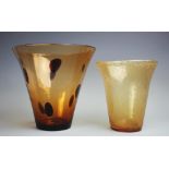 A 1930's flared amber vase with cranberry spots in the manner of Whitefriars,