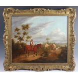 English School - early 19th century, Oil on canvas, Traveller on a lane with horse and wagon,