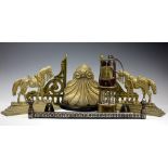 Three Coalbrookdale type cast iron plaque stands, 45cm, with two brass horse door stops,