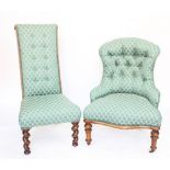 A Victorian walnut salon chair, with button back green upholstery, on turned legs, 86cm H,