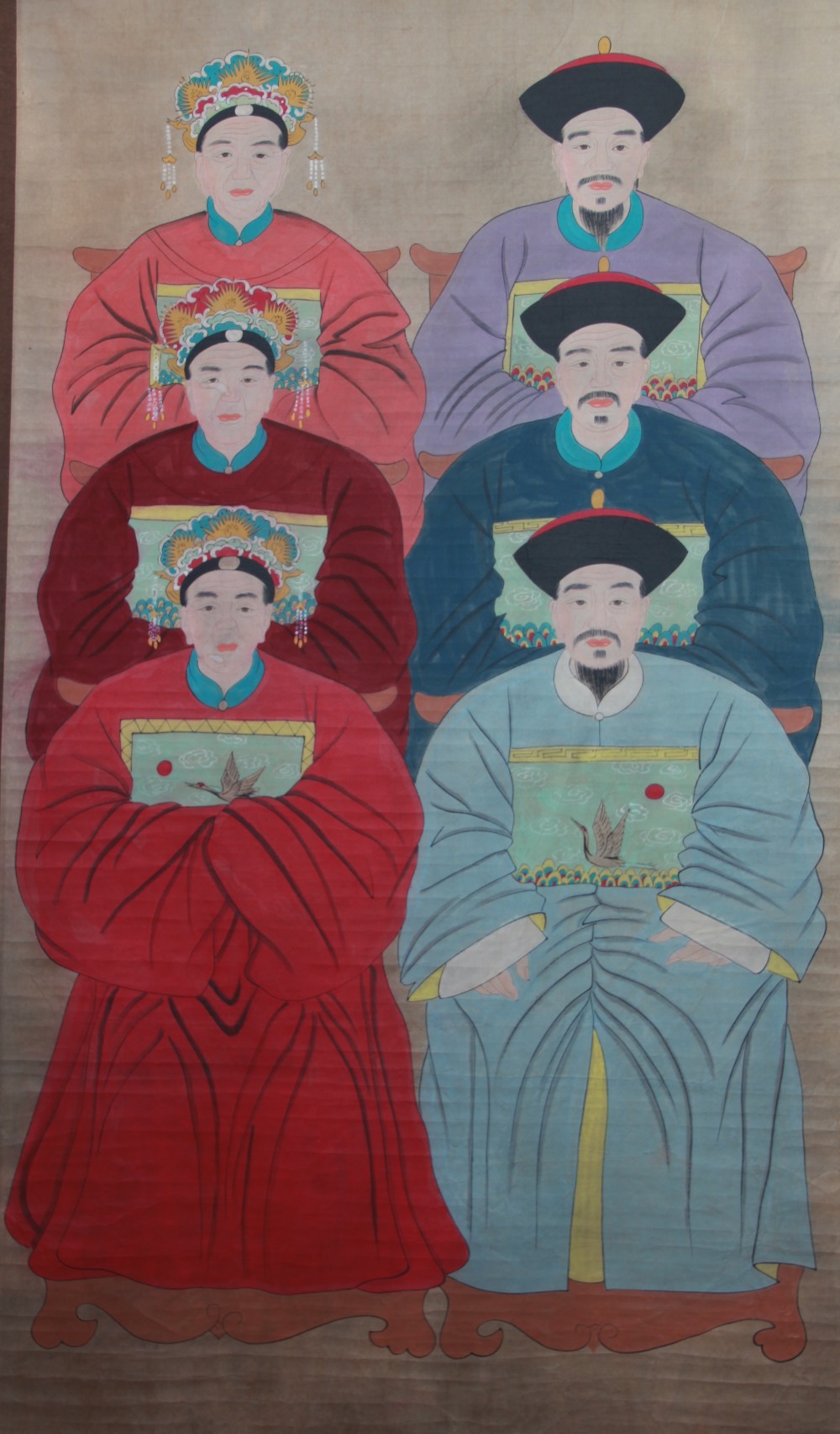 A 19th century Chinese large ancestral 1st rank scroll painting, depicting three males and females, - Image 2 of 3