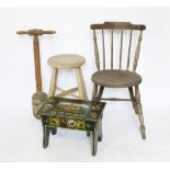A Victorian ash stool, with circular seat, on turned legs,55cm H, with a pine wash dolly,