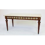 A French Louis XVI style walnut coffee table, with marble top and Sevres style inset frieze,
