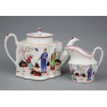 An 18th century Newhall porcelain teapot and cover and milk jug, circa 1790,