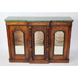 A Victorian inlaid walnut break front sideboard, with later faux green marble top,