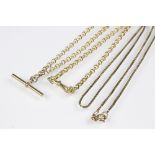 A 9ct gold albert type chain, belcher chain with central T bar and lobster clasp,