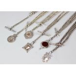 Six assorted silver double watch albert chains,