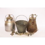 Two vintage milk churns, with unit tops, with other milking apparatus,