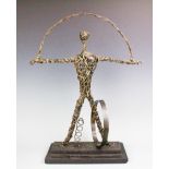 A contemporary wirework sculpture, Human form, signed 'Reyes', on stepped plinth base,